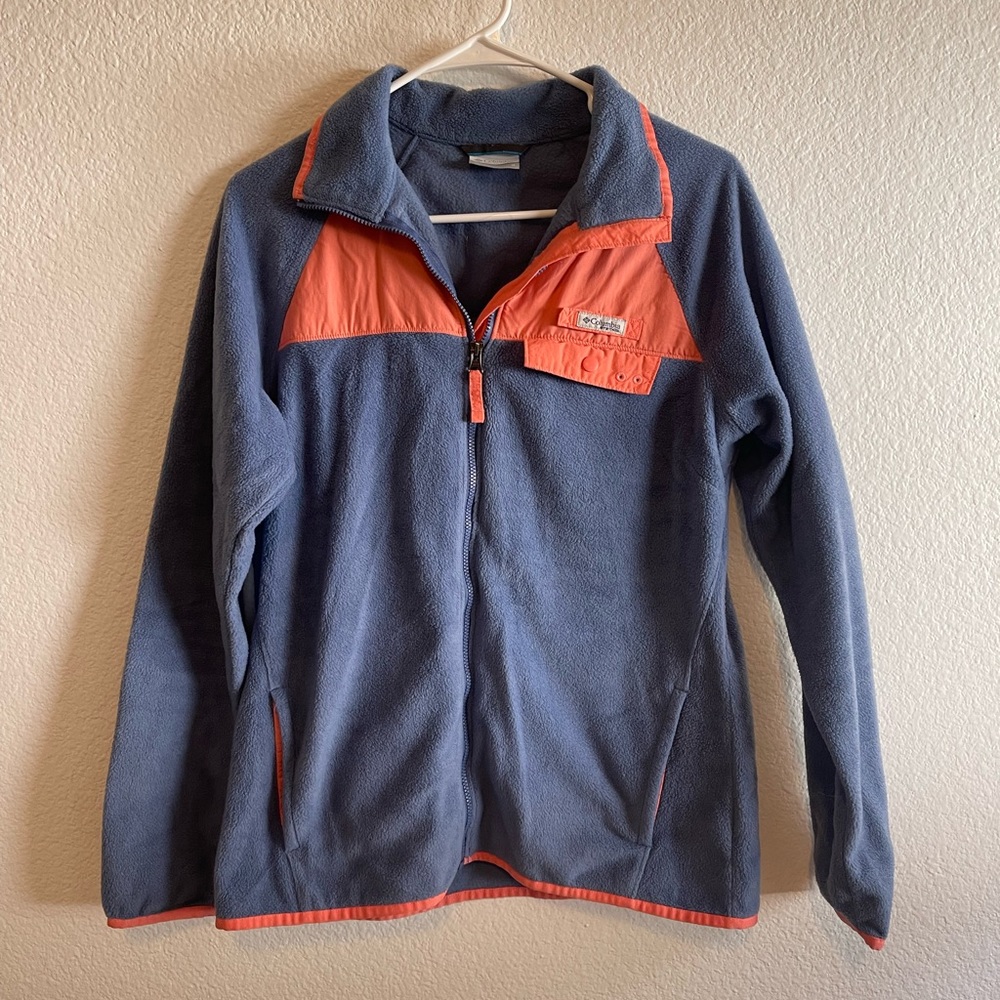 Columbia PFG Fishing Gear Blue and Coral Fleece zip up jacket